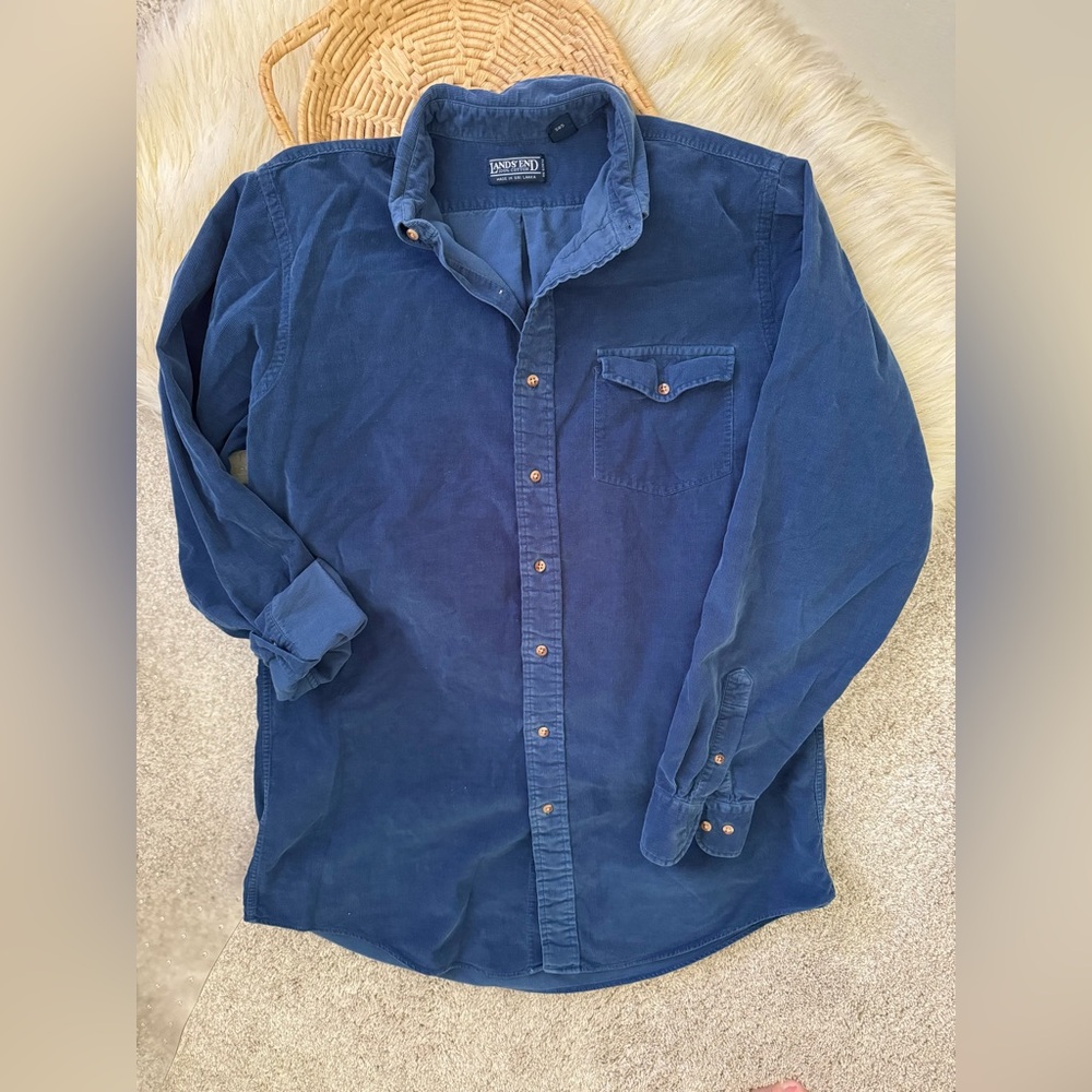 Lands End Blue Corduroy Button Down Long Sleeve Shirt Size Large Tall